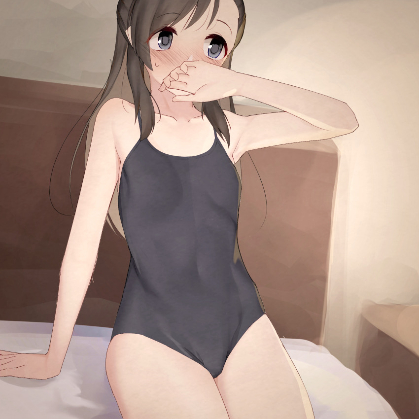 1girl, armpit_crease, armpits, asymmetrical_bangs, bare_shoulders, bed, bed_sheet, black_eyes, black_hair, blush, breasts, commentary_request, covered_mouth, covered_navel, cowboy_shot, crotch, embarrassed, full-face_blush, hand_up, highres, idolmaster, idolmaster_cinderella_girls, indoors, kurihara_nene, long_hair, looking_away, on_bed, rfeulgen, school_swimsuit, sitting, small_breasts, solo, sweatdrop, swimsuit, thighs