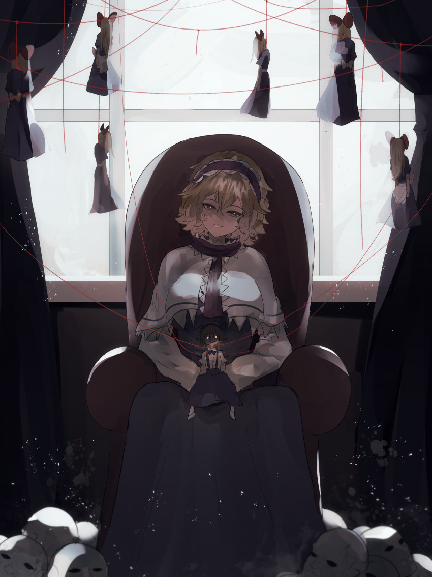 1girl, alice_margatroid, alice_margatroid_(pc-98), belt, blonde_hair, blouse, blue_bow, blue_bowtie