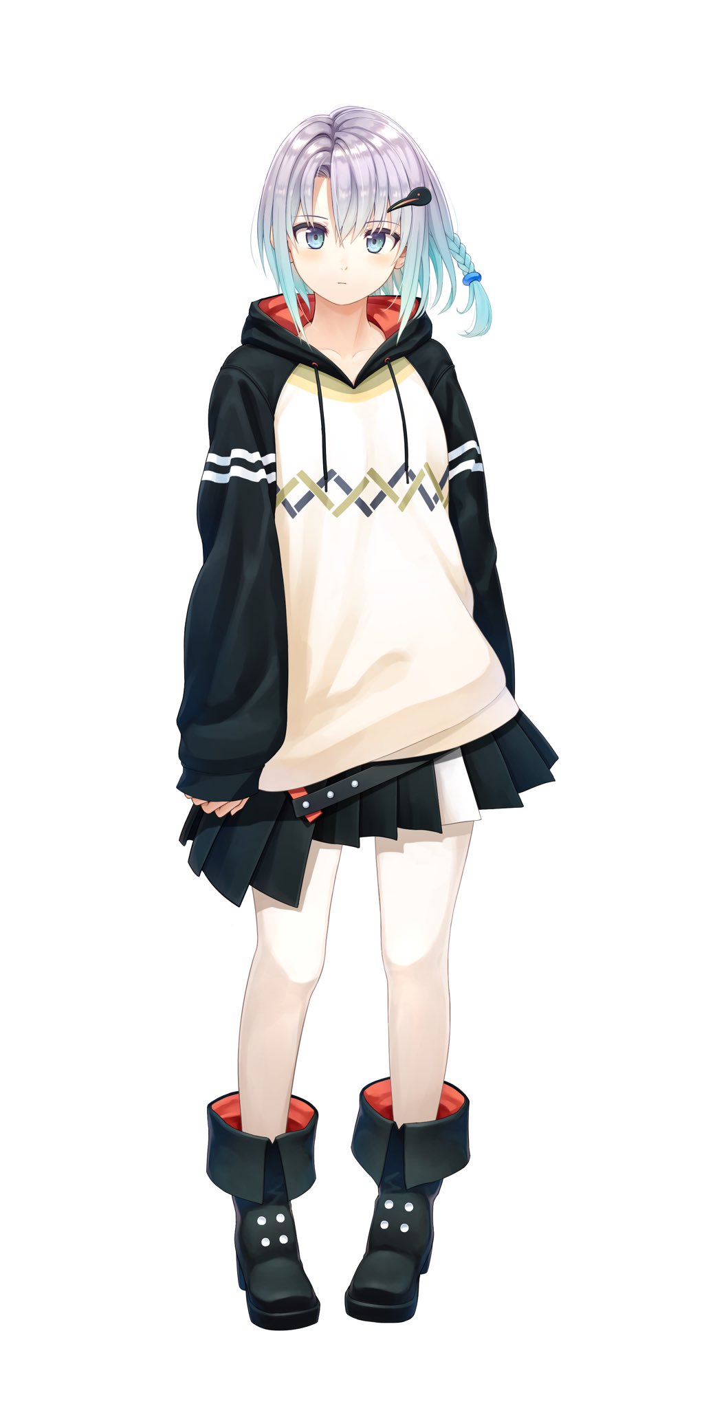 1girl, animal_costume, black_footwear, blue_eyes, blue_hair, braid, full_body, hair_ornament, highres, hioki_yachi, hood, hoodie, hoshimeguri_gakuen, light_blue_hair, looking_at_viewer, miniskirt, morizo_cs, multicolored_clothes, multicolored_hair, official_art, penguin_costume, short_hair, silver_hair, simple_background, skirt, solo, virtual_youtuber, white_background, white_hoodie