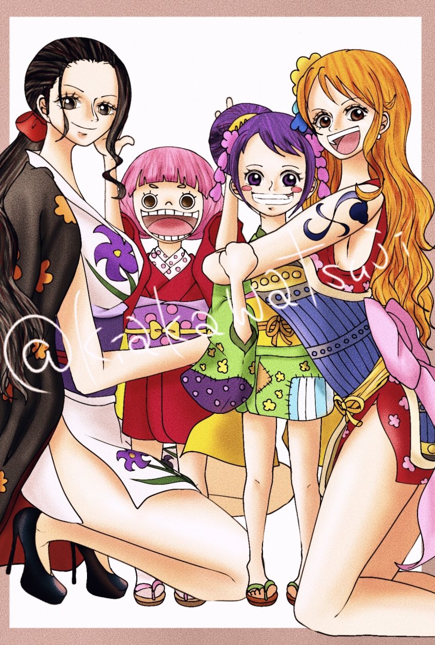 4girls, age_difference, alternate_costume, artist_name, bare_arms, bare_legs, bare_shoulders, black_eyes, black_hair, border, bow, child, dress, floral_print, floral_print_kimono, green_kimono, highres, hug, japanese_clothes, kiakawatsuji, kimono, kurozumi_tama, long_dress, long_hair, looking_at_viewer, low_ponytail, multiple_girls, nami_(one_piece), nami_(one_piece)_(onigashima), nami_(one_piece)_(post-timeskip), nico_robin, nico_robin_(onigashima), nico_robin_(post-timeskip), official_alternate_costume, one_piece, open_mouth, orange_hair, outside_border, pink_border, pink_hair, ponytail, print_kimono, purple_eyes, purple_hair, red_bow, red_kimono, red_ribbon, ribbon, short_kimono, shoulder_tattoo, simple_background, size_difference, sleeveless, sleeveless_kimono, smile, tattoo, very_long_hair, white_background, white_kimono, wide_hips