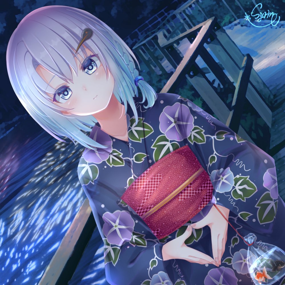 1girl, animal_costume, black_footwear, blue_eyes, blue_hair, braid, fish, hair_ornament, hioki_yachi, hood, hoodie, hoshimeguri_gakuen, japanese_clothes, kimono, light_blue_hair, looking_at_viewer, multicolored_clothes, short_hair, signature, silver_hair, solo, upper_body, virtual_youtuber, yunagi_(arukumaruta)
