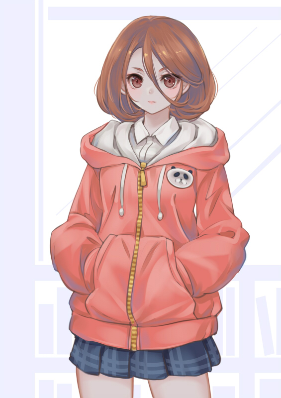 1girl, animal_print, bear_print, brown_eyes, brown_hair, collared_shirt, hair_between_eyes, hood, hooded_jacket, hoodie, jacket, kaizeru, kohinata_poemu, long_sleeves, panda_print, pleated_skirt, ponkotsu_fuuki_iin_to_skirt-take_ga_futekisetsu_na_jk_no_hanashi, ringed_eyes, school_uniform, shirt, short_hair, skirt, solo, zipper