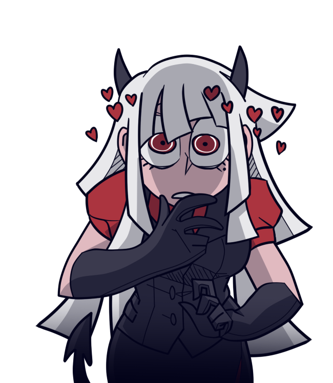 1girl, bini_(xocolatl_501), black_gloves, black_pants, black_vest, commentary_request, cosplay, danganronpa_(series), danganronpa_2:_goodbye_despair, demon_girl, demon_horns, demon_tail, gloves, hair_ornament, hand_on_own_chin, hand_up, heart, heart_hair_ornament, helltaker, horns, long_hair, looking_at_viewer, modeus_(helltaker), modeus_(helltaker)_(cosplay), mole, mole_under_eye, pants, parted_lips, puffy_short_sleeves, puffy_sleeves, red_eyes, red_shirt, shirt, short_sleeves, solo, tail, teeth, transparent_background, tsumiki_mikan, vest, white_hair