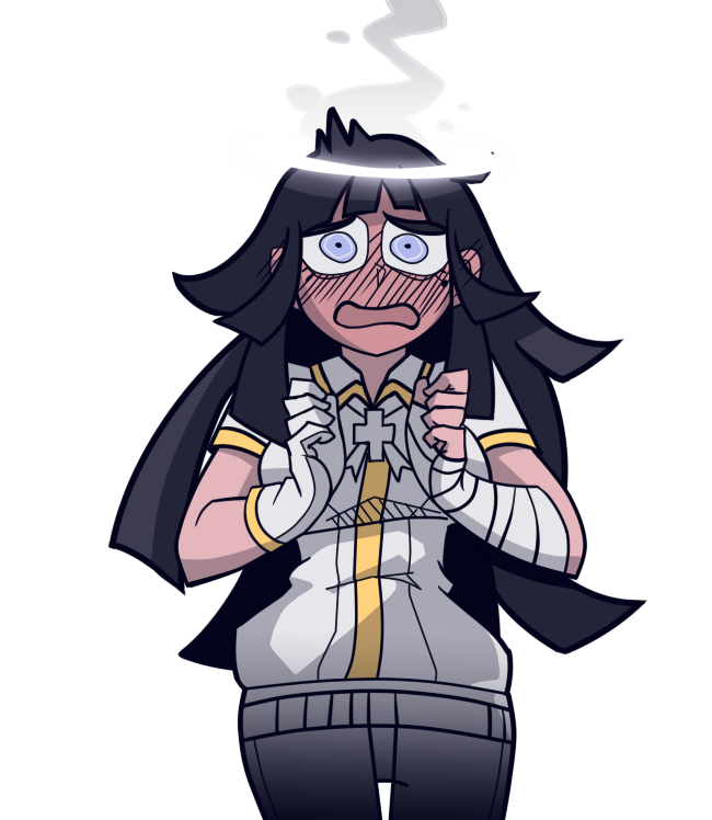 1girl, alternate_eye_color, alternate_hair_color, azazel_(helltaker), azazel_(helltaker)_(cosplay), bandaged_arm, bandages, bini_(xocolatl_501), black_hair, blue_eyes, blush, breasts, commentary_request, cosplay, cowboy_shot, cross, danganronpa_(series), danganronpa_2:_goodbye_despair, full-face_blush, gloves, halo, hands_up, helltaker, jacket, large_breasts, long_hair, looking_at_viewer, mole, mole_under_eye, open_mouth, pants, parody, short_sleeves, simple_background, single_glove, solo, steam, transparent_background, tsumiki_mikan, white_background, white_gloves, white_jacket, white_pants