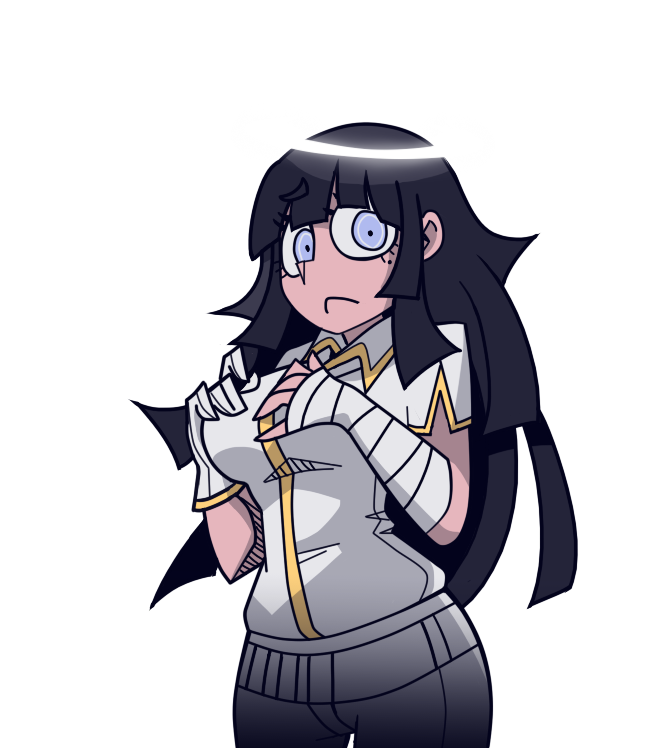 1girl, alternate_eye_color, alternate_hair_color, azazel_(helltaker), azazel_(helltaker)_(cosplay), bandaged_arm, bandages, bini_(xocolatl_501), black_hair, blue_eyes, breasts, commentary_request, cosplay, danganronpa_(series), danganronpa_2:_goodbye_despair, gloves, halo, hands_on_own_breasts, hands_up, helltaker, jacket, large_breasts, long_hair, looking_at_viewer, mole, mole_under_eye, open_mouth, pants, parody, short_sleeves, simple_background, single_glove, solo, transparent_background, tsumiki_mikan, white_background, white_gloves, white_jacket, white_pants