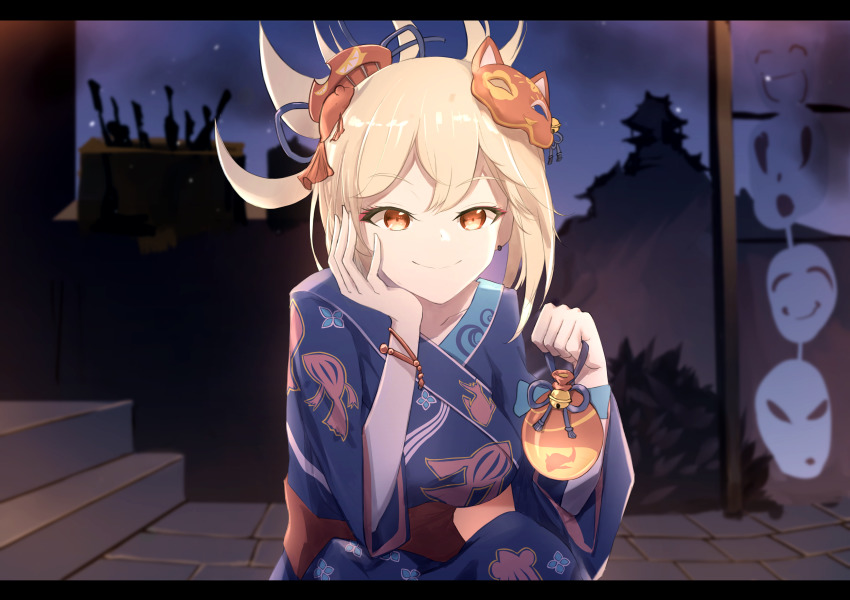 1girl, absurdres, blonde_hair, bracelet, genshin_impact, hair_ornament, hand_on_own_face, highres