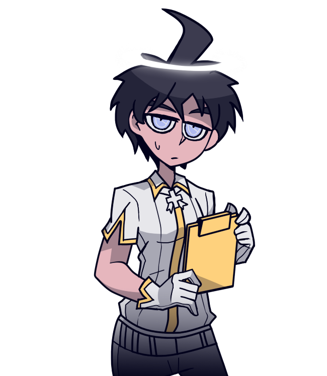 1boy, ahoge, alternate_hair_color, azazel_(helltaker), azazel_(helltaker)_(cosplay), bini_(xocolatl_501), black_hair, blue_eyes