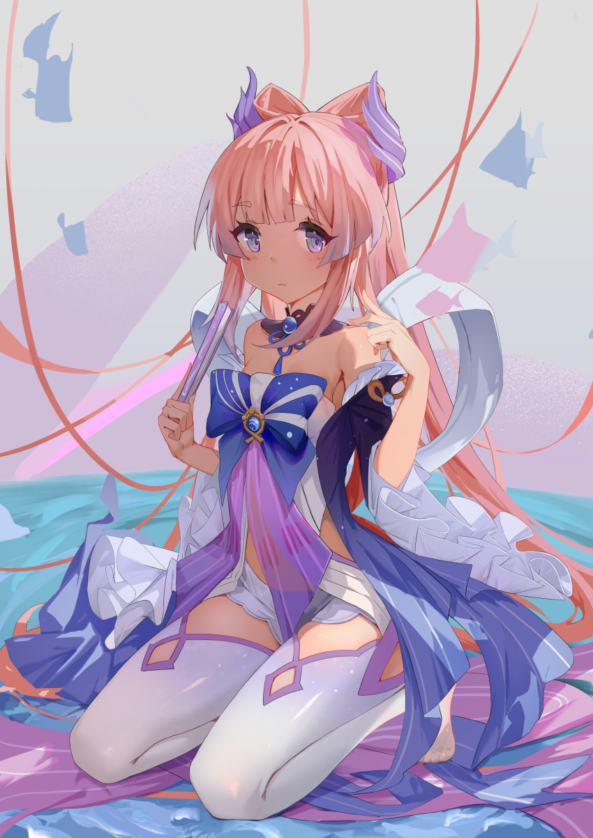 1girl, absurdres, bare_shoulders, blue_eyes, bow, bowtie, float-dian, folding_fan