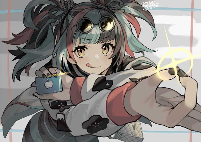 1girl, bad_id, bad_twitter_id, bag, black_nails, dated, eyewear_on_head, fate/grand_order