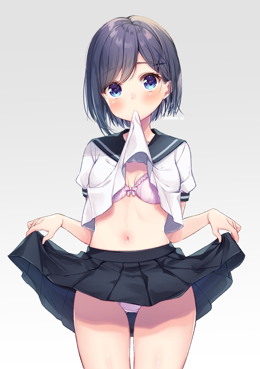 1girl, black_hair, black_sailor_collar, black_skirt, blue_eyes, blush, bow, bow_bra