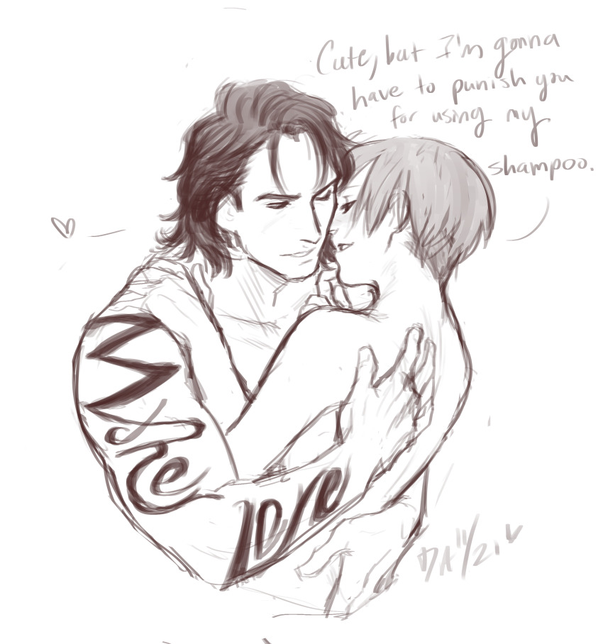 absurdres, billy_coen, black_hair, brown_hair, daggerarcadia, hug, greyscale, highres, monochrome, mullet, pale_skin, rebecca_chambers, resident_evil, resident_evil_0, short_hair, sketch, tattoo, teasing