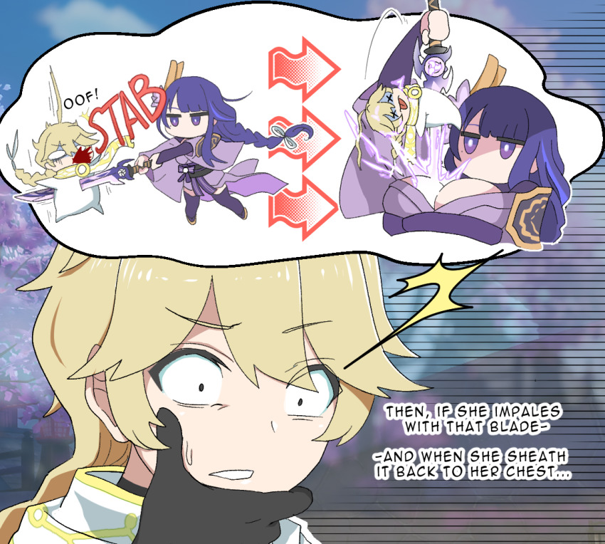 1boy, 1girl, aether_(genshin_impact), alph_(sancheck), arrow_(symbol), between_breasts, blonde_hair, blood