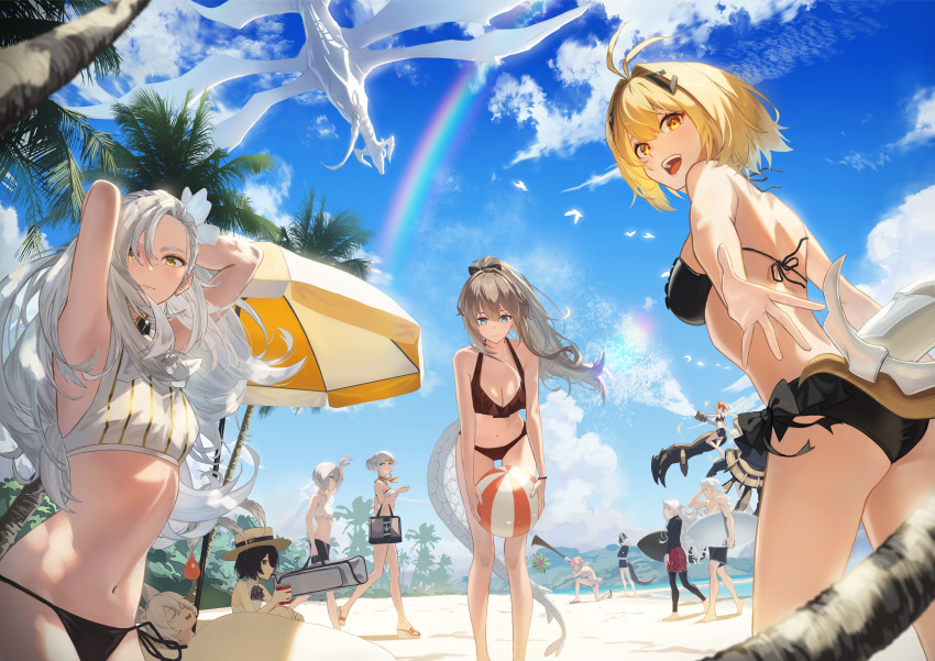 2boys, 6+girls, absurdres, alchemy_stars, alternate_costume, animal_ears, antenna_hair, arms_up, bag, ball, bare_legs, barefoot, barton_(alchemy_stars), beach, beach_umbrella, beachball, bikini, bikini_shorts, black_bikini, black_male_swimwear, black_shorts, black_swim_trunks, blindfold, bodysuit, bow, bow_bikini, bracelet, breasts, brooch, buried, carleen_(alchemy_stars), charon_(alchemy_stars), cleavage, cloud, commentary_request, crossed_arms, diving_suit, drooling, duffel_bag, floating, flower, food, frilled_bikini, frills, fruit, grey_hair, gronru_(alchemy_stars), hair_bun, hair_flower, hair_intakes, hair_ornament, hair_spread_out, hand_in_own_hair, handbag, hara_kenshi, hat, highres, hiiro_(alchemy_stars), horns, huge_filesize, jewelry, long_hair, looking_at_viewer, looking_back, male_swimwear, mechanical_arms, medium_breasts, mismatched_bikini, mountain, mouth_drool, ms._blanc_(alchemy_stars), multicolored_hair, multiple_boys, multiple_girls, nadine_(alchemy_stars), navel, official_alternate_costume, on_one_knee, open_mouth, outdoors, palm_tree, philyshy_(alchemy_stars), pink_hair, platform_footwear, ponytail, rainbow, reaching, reaching_towards_viewer, red_male_swimwear, red_swim_trunks, sand, sandals, sarashi, scar, scar_across_eye, scar_on_face, shade, sharona_(alchemy_stars), shore, short_hair, shorts, sidelocks, single_hair_bun, sky, sleeping, small_breasts, soroz_(alchemy_stars), striped_bikini, striped_clothes, suikawari, surfboard, swim_trunks, swimsuit, tail, teeth, topless_male, tree, two-tone_hair, umbrella, upper_teeth_only, vertical-striped_bikini, vertical-striped_clothes, vice_(alchemy_stars), vivian_(alchemy_stars), water, watermelon, wetsuit, white_hair, yellow_eyes, zoya_(alchemy_stars)
