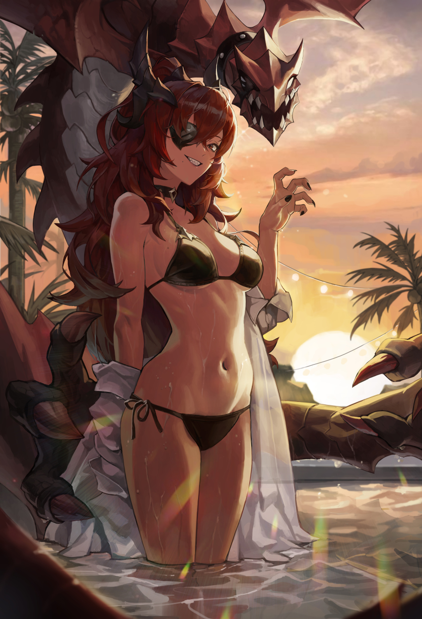 1girl, absurdres, alchemy_stars, alternate_costume, bikini, black_bikini, black_nails, breasts, claw_pose, cloud, coconut_tree, commentary, dragon, english_commentary, extra_arms, eyepatch, groin, highres, horns, jacket, leona_(alchemy_stars), long_hair, looking_at_viewer, medium_breasts, mole, mole_under_mouth, nail_polish, navel, outdoors, palm_tree, pool, rare1_(gugugu_seung), red_hair, sharp_teeth, side-tie_bikini_bottom, sidelocks, sky, smile, string_bikini, sunset, sunstone_(alchemy_stars), swimsuit, teeth, tree, wading, wet, white_jacket