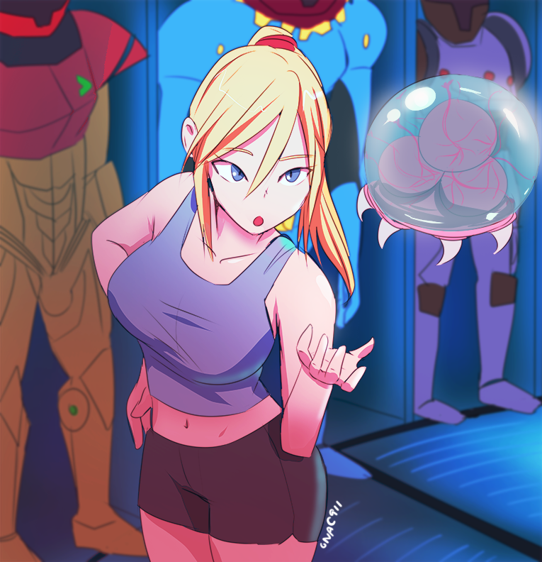 bike_shorts, black_shorts, blonde_hair, blue_eyes, blue_tank_top, breasts, large_breasts, metroid, metroid_(creature), midriff, navel, nintendo, onac911, open_mouth, ponytail, samus_aran, shorts, tank_top