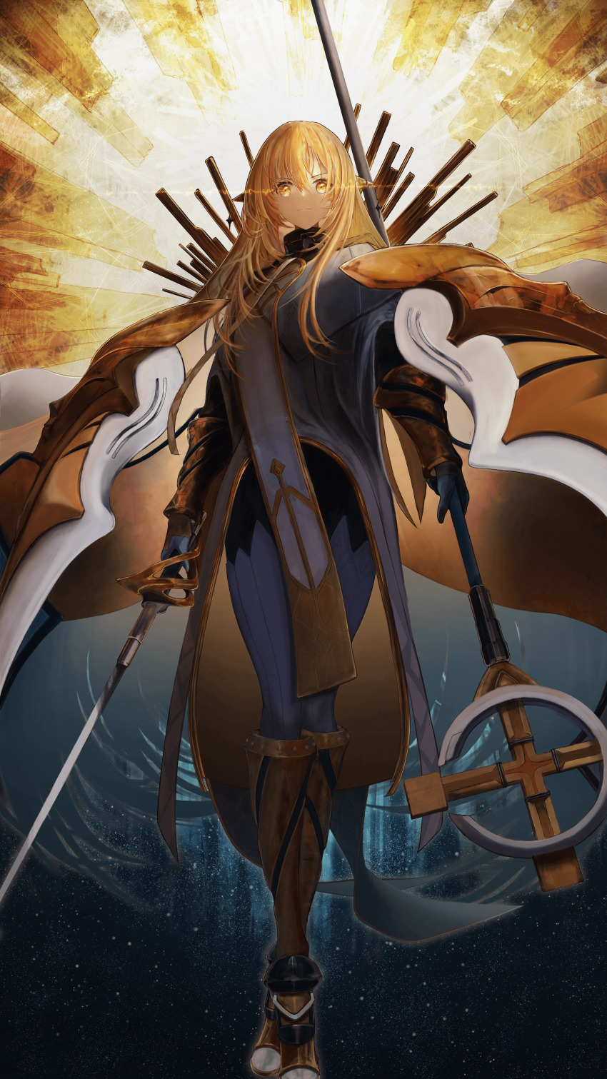 1girl, absurdres, alchemy_stars, armor, blonde_hair, closed_mouth, commentary_request, eye_trail