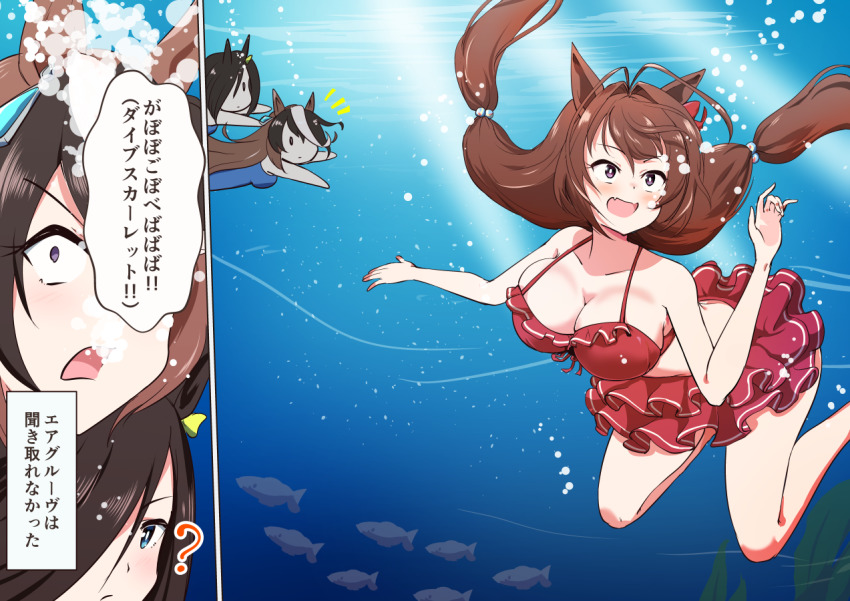 3girls, ?, air_groove_(umamusume), alternate_eye_color, animal_ears, bikini, blue_eyes, blue_one-piece_swimsuit