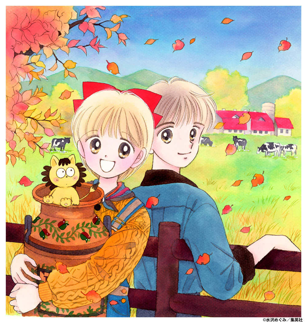 1boy, 1girl, :d, animal, artist_name, autumn_leaves, bad_id, bad_twitter_id