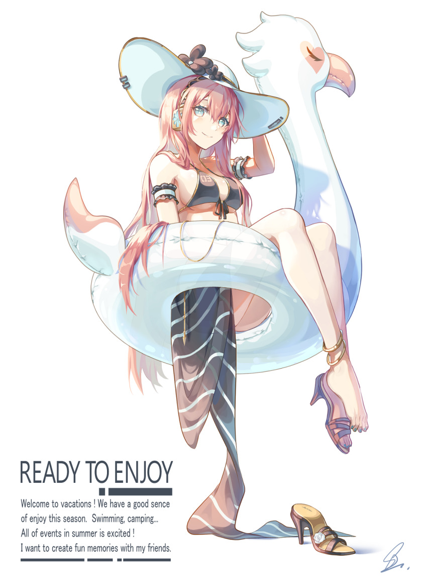 1girl, alternate_costume, anklet, arm_at_side, arm_cuffs, bare_legs, bikini, black_bikini