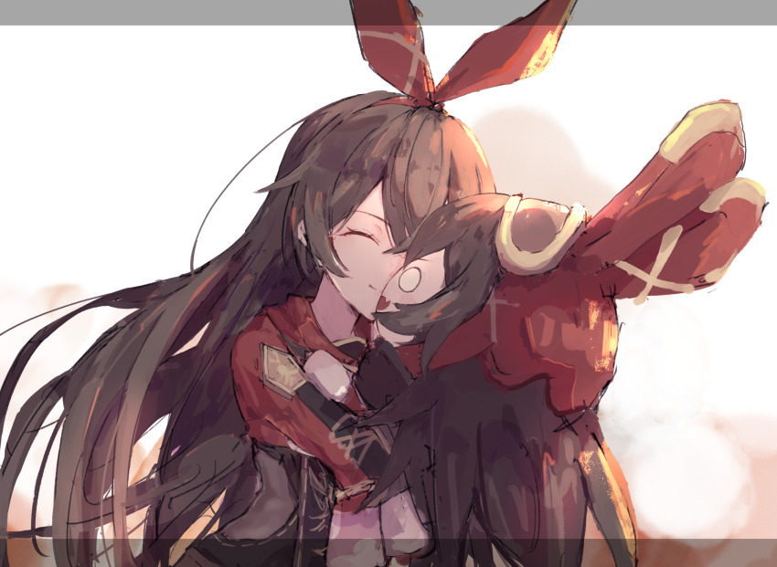 1girl, amber_(genshin_impact), baron_bunny_(genshin_impact), brown_hair, closed_eyes, crest, genshin_impact, hair_between_eyes, hair_ribbon, hairband, highres, hug, ken1212ab, long_hair, long_sleeves, hugging_object, red_hairband, ribbon, shirt, solo, stuffed_animal, stuffed_rabbit, stuffed_toy