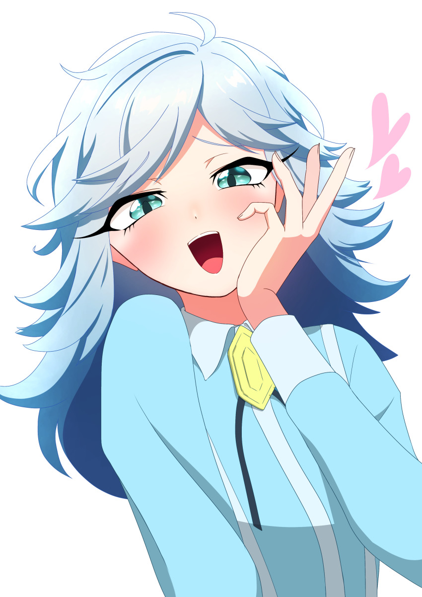 1boy, :d, absurdres, iwakiyamayukisatoshironanogojuurokushi_akira, blue_eyes, blue_hair, blue_shirt, blush