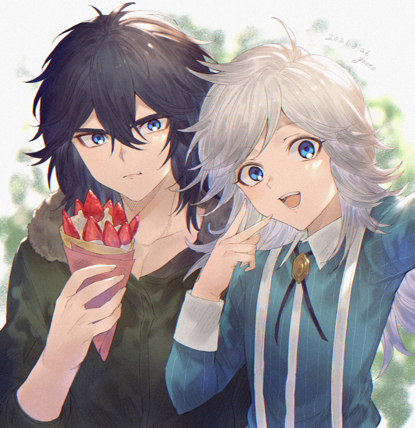 2boys, :d, absurdres, iwakiyamayukisatoshironanogojuurokushi_akira, bad_id, bad_pixiv_id, black_hair, blue_eyes