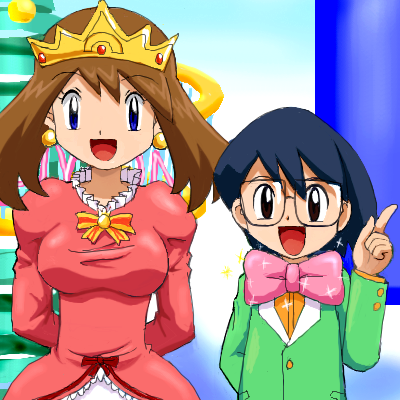 1boy, 1girl, black_hair, blue_eyes, breasts, brother_and_sister, brown_hair, crown