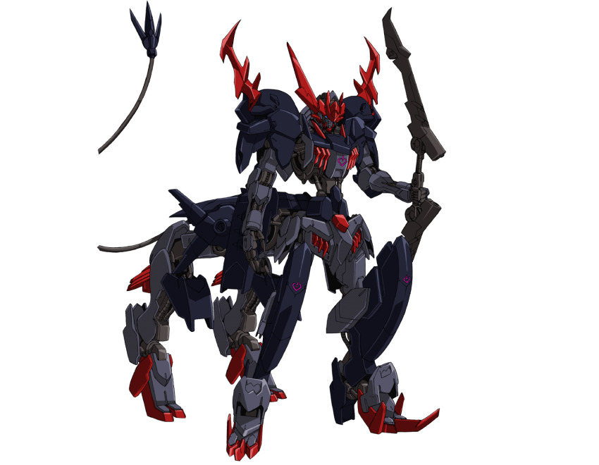 bow_(weapon), centauroid, gundam, gundam_barbataurus, gundam_breaker_battlogue, head_tilt, highres, holding, holding_bow_(weapon), holding_weapon, mecha, mechanical_tail, mobile_suit, no_humans, official_art, robot, science_fiction, solo, standing, tail, taur, transparent_background, v-fin, weapon