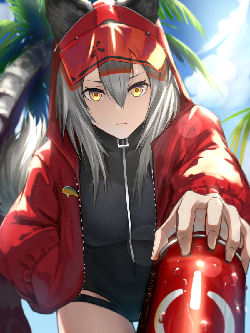 >:(, 1girl, animal_ears, arknights, black_one-piece_swimsuit, can, casual_one-piece_swimsuit, closed_mouth, covered_navel, day, ears_through_headwear, hair_between_eyes, highres, holding, holding_can, hood, hood_up, jacket, leaning_forward, lens_flare, long_hair, long_sleeves, looking_at_viewer, official_alternate_costume, one-piece_swimsuit, open_clothes, open_jacket, outdoors, palm_tree, projekt_red_(arknights), projekt_red_(light_breeze)_(arknights), red_jacket, silver_hair, solo, sunlight, swimsuit, tree, v-shaped_eyebrows, wagachop, water_drop, wolf_ears, yellow_eyes