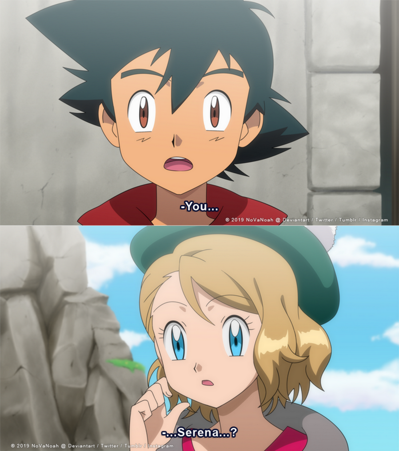 1boy, 1girl, anime_coloring, ash_ketchum, black_hair, blue_eyes, brown_eyes, character_name, cloud, commentary, cosplay, day, english_commentary, eyelashes, fake_screenshot, gloria_(pokemon), gloria_(pokemon)_(cosplay), green_headwear, hair_between_eyes, hand_up, hat, light_brown_hair, nintendo, novanoah, open_mouth, outdoors, pokemon, pokemon_(anime), pokemon_sword_and_shield, pokemon_the_series:_xy, red_shirt, serena_(pokemon), shirt, sky, subtitled, tam_o'_shanter, teeth, tongue, upper_teeth_only, victor_(pokemon), victor_(pokemon)_(cosplay), watermark