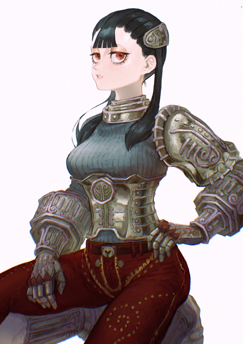 1girl, absurdres, armor, ashei, belt, black_hair, breasts, gauntlets