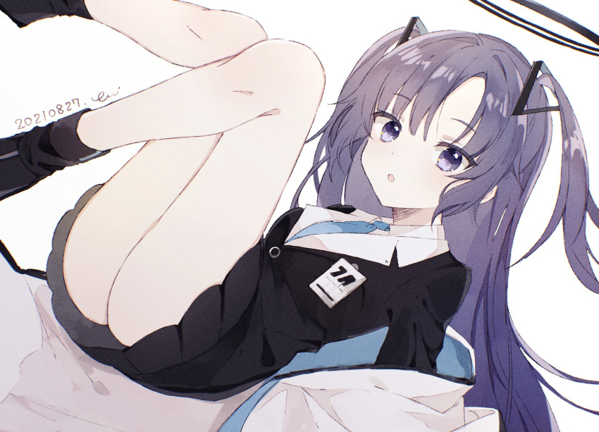 1girl, :o, black_jacket, black_skirt, blue_archive, blue_necktie, collared_shirt, commentary_request, dated, figmnts, halo, highres, jacket, knee_up, leg_up, long_hair, looking_at_viewer, necktie, parted_bangs, parted_lips, pleated_skirt, purple_eyes, purple_hair, shirt, simple_background, skirt, solo, two_side_up, very_long_hair, white_background, white_jacket, white_shirt, yuuka_(blue_archive)