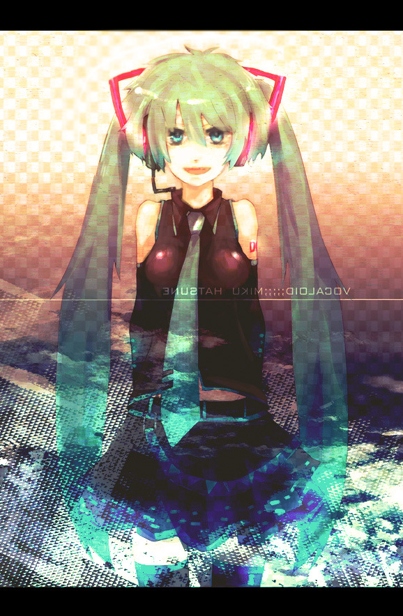 1girl, aqua_eyes, detached_sleeves, female_focus, green_hair, hatsune_miku, headphones, headset