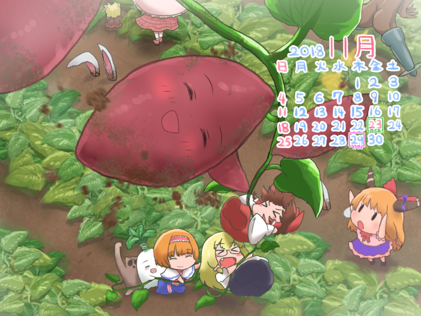 >_<, 1boy, 2018, 6+girls, alice_margatroid, animal_ears, ass, black_dress