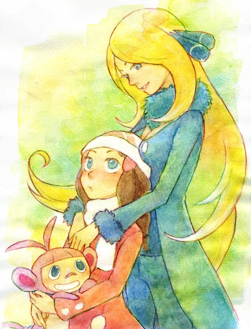 00s, 2girls, age_difference, ambipom, bad_id, bad_pixiv_id, child, cowboy_shot, cynthia_(pokemon), dawn_(pokemon), fur_collar, gen_4_pokemon, hat, height_difference, keroko_(frolicfrogs), multiple_girls, nintendo, onee-loli, painting_(medium), pokemon, pokemon_(creature), pokemon_diamond/pearl/platinum, size_difference, traditional_media, watercolor_(medium), yuri