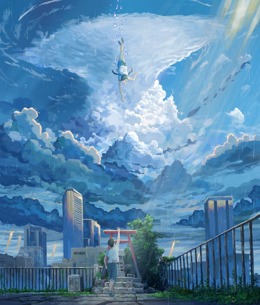 1boy, 1girl, absurdres, amano_hina_(tenki_no_ko), building, cloud, cloudy_sky, day