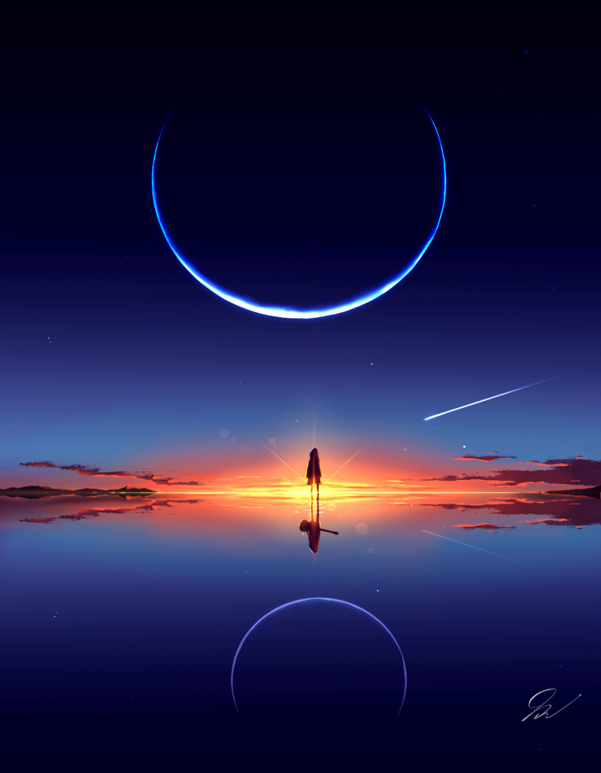 1girl, cloud, comet, crescent_moon, highres, lens_flare, moon, original, reflection, scenery, signature, sky, solo, standing, star_(sky), sunset, water, water_world, zahidmeh