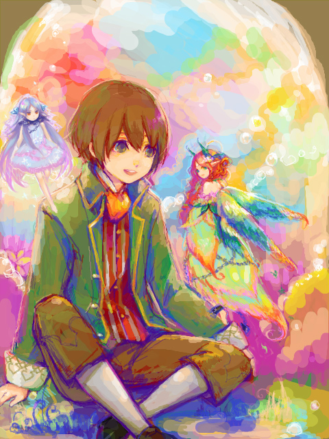 1boy, 2girls, :d, avalon_code, blue_eyes, brown_hair, colorful, indian_style