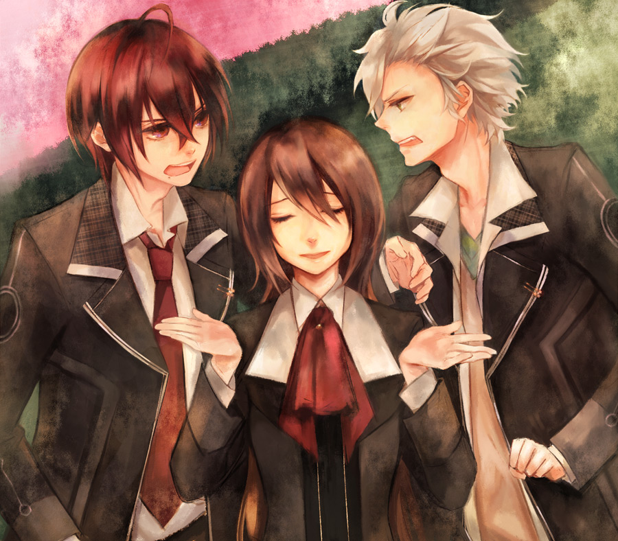 3boys, brown_hair, closed_eyes, green_eyes, heroine_(starry_sky), jacket, kanata_nanami, long_hair