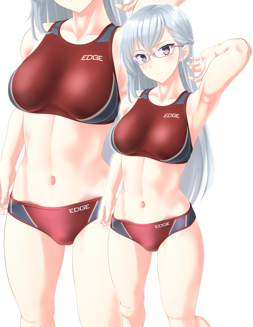 1girl, abs, absurdres, bikini, breasts, brown_bikini, brown_eyes, clothes_writing