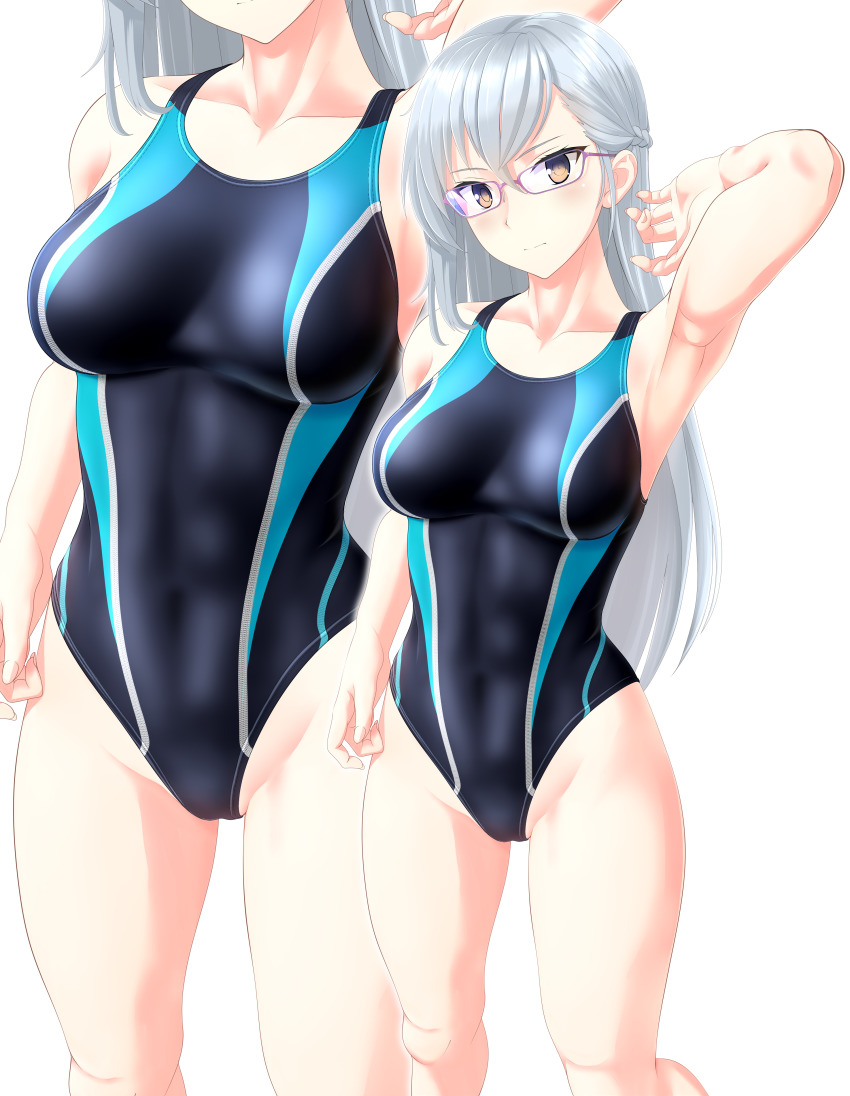 1girl, abs, absurdres, armpits, black_one-piece_swimsuit, breasts, brown_eyes, competition_swimsuit