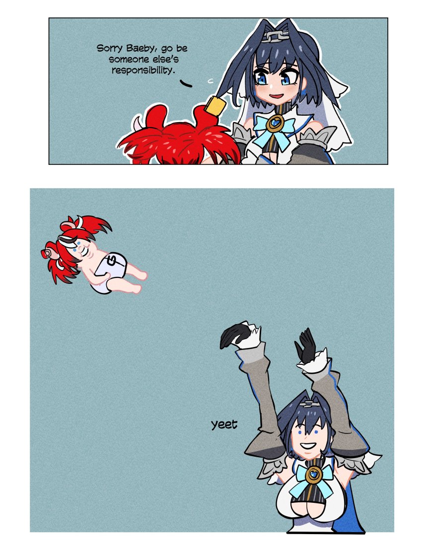 2girls, absurdres, arms_up, baby, black_gloves, black_hair, blue_eyes, bow, bowtie, breasts, derivative_work, detached_sleeves, diaper, english_text, flying_sweatdrops, gloves, hair_bun, hair_intakes, hairband, hakos_baelz, highres, hololive, hololive_english, juliet_sleeves, large_breasts, long_sleeves, medium_hair, meme, minster_(dooke), multiple_girls, ouro_kronii, ouro_kronii_(1st_costume), puffy_sleeves, red_hair, single_hair_bun, smile, throwing, throwing_person, twintails, underboob, veil, virtual_youtuber, yeet_(meme)