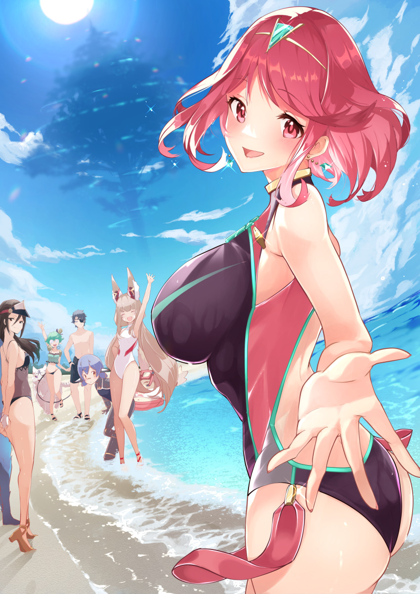 2boys, 6+girls, absurdres, animal_ears, black_one-piece_swimsuit, breasts, brighid_(water_lily)_(xenoblade), brighid_(xenoblade)