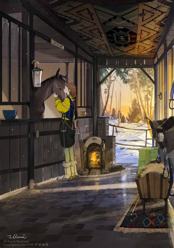 1girl, animal, artist_name, black_pants, boots, bowl, braid, brown_hair, carpet, closed_eyes, closed_mouth, coat, fertilizer, fire, hand_on_another's_face, horse, illumi999, lamp, long_hair, original, pale_skin, pants, signature, smile, snow, snowing, solo, stable, standing, tree, twin_braids, twintails, yellow_boots