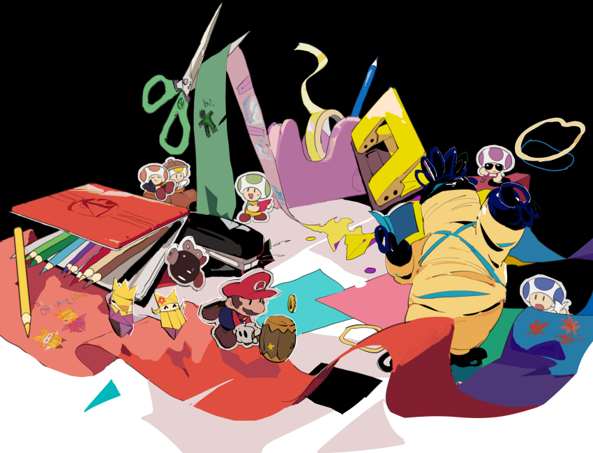 0_0, 1girl, 1other, 6+boys, :/, ^_^, apios, apron, arm_up, bad_id, bad_pixiv_id, black_background, black_cape, black_eyes, blank_eyes, blonde_hair, blue_overalls, blue_shirt, blue_toad_(mario), bob-omb, bobby_(paper_mario), bomb, book, brown_hair, brown_headwear, cape, captain_t._ode, character_cutout, closed_eyes, closed_mouth, clothes_writing, coin, colored_pencils_(paper_mario), copyright_name, crossed_legs, dj, dj_toad, drawing, english_text, everyone, explosive, facial_hair, flower, full_body, gloves, green_toad_(mario), hair_flower, hair_ornament, hair_over_one_eye, hammer, hand_up, happy, hat, highres, holding, holding_book, holding_hammer, holding_hands, hole_punch_(paper_mario), hole_puncher, king_olly, long_hair, long_sleeves, looking_at_another, looking_up, lying, male_focus, mario_(series), multiple_boys, mustache, nervous, nintendo, olivia_(paper_mario), on_back, open_book, open_mouth, origami_craftsman, outline, outstretched_arm, overalls, paper, paper_mario, paper_mario:_the_origami_king, pencil, professor_toad_(mario), purple_toad_(mario), purple_vest, red_flower, red_headwear, red_shirt, red_toad_(mario), rubber_band, rubber_band_(paper_mario), scissors, scissors_(paper_mario), scratching_head, shirt, short_sleeves, solid_oval_eyes, standing, star_(symbol), sunglasses, sweat, swept_bangs, tape, tape_(paper_mario), toad_(mario), vest, vinyl_record, white_gloves, white_outline, yellow_apron, yellow_toad_(mario)