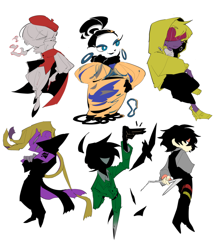 2girls, 4boys, absurdres, ahoge, androgynous, apios, arm_behind_back, arm_up, armband, bad_id, bad_pixiv_id, belt, beret, black_coat, black_eyes, black_footwear, black_hair, black_pants, black_skin, black_vest, blonde_hair, blue_eyes, blue_eyeshadow, bob_cut, buttons, cape, chibi, cigarette, clenched_teeth, closed_mouth, coat, collared_shirt, colored_pencils_(paper_mario), colored_sclera, colored_skin, constricted_pupils, crossed_arms, dress, earrings, eyeshadow, frilled_shirt, frilled_shirt_collar, frilled_sleeves, frills, from_above, from_behind, from_side, full_body, green_coat, green_pants, grey_hair, grey_pants, grey_shirt, grey_skin, half-closed_eyes, hand_on_own_hip, hand_up, happy, hat, headband, high_collar, highres, holding, holding_pencil, hole_punch_(paper_mario), hood, hood_up, hoodie, hoop_earrings, invisible_chair, jacket, jewelry, long_sleeves, looking_at_viewer, looking_back, looking_to_the_side, looking_up, makeup, mario_(series), matching_hair/eyes, messy_hair, mouth_hold, multiple_boys, multiple_girls, nail_polish, nintendo, open_mouth, orange_dress, oversized_object, pants, paper_mario, paper_mario:_the_origami_king, pencil, personification, pompadour, profile, puffy_pants, purple_skin, red_cape, red_headband, red_headwear, red_nails, red_vest, rubber_band, rubber_band_(paper_mario), sandals, scissors_(paper_mario), sharp_teeth, shirt, shoes, short_hair, sidelocks, simple_background, sitting, sketch, smile, smoke, smoking, standing, staple, stapler_(paper_mario), tape, tape_(paper_mario), teeth, thigh_strap, topknot, v-shaped_eyebrows, vest, white_background, white_skin, yellow_eyes, yellow_hoodie, yellow_jacket, yellow_sclera, yellow_shoes