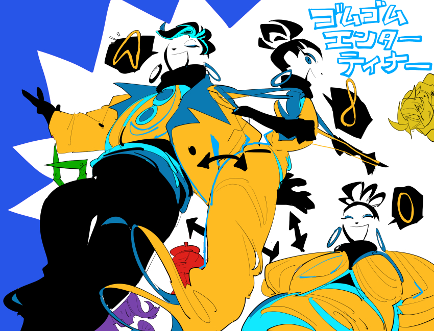 1girl, 4boys, ^_^, apios, arrow_(symbol), bad_id, bad_pixiv_id, black_gloves