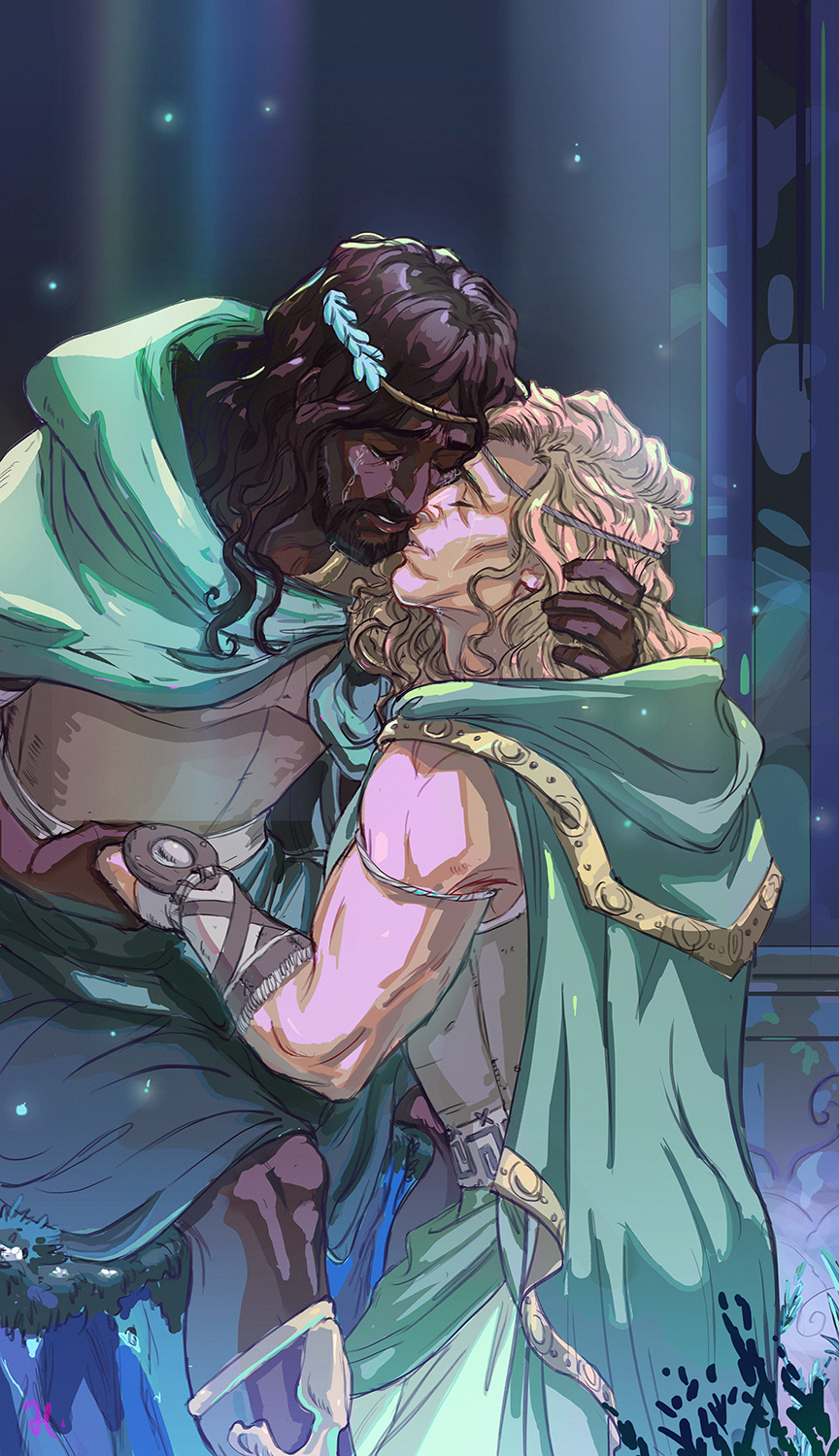 2boys, achilles_(hades), beard, black_hair, blonde_hair, cloak, closed_eyes, column