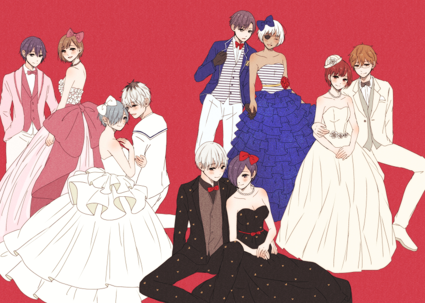 5boys, 5girls, arm_hug, bad_id, bad_pixiv_id, bare_shoulders, black_gloves, black_hair