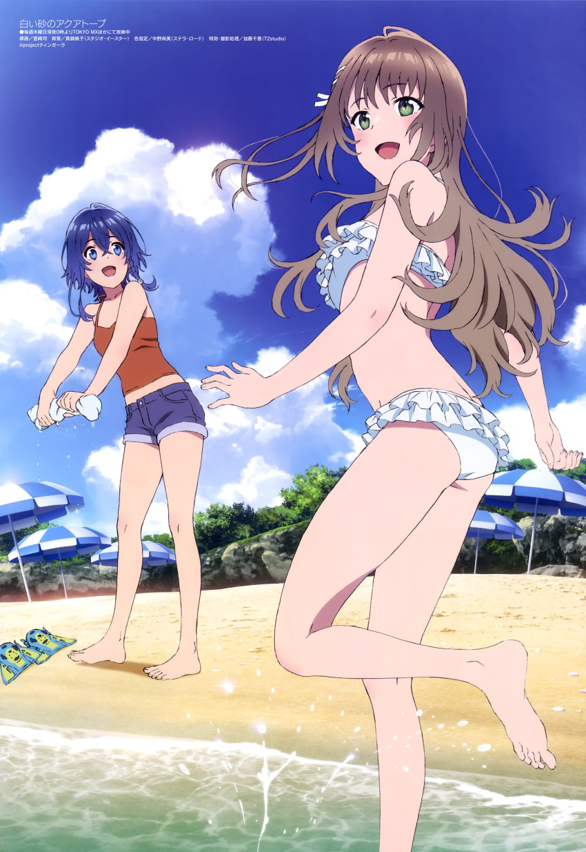 2girls, :d, absurdres, anime_coloring, ass, bare_legs, barefoot, beach
